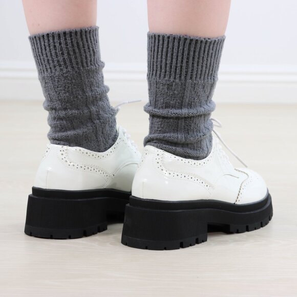 White Patent Brogue Loafers  Chunky Black Lug Sole Oxfords - Picture 12 of 16